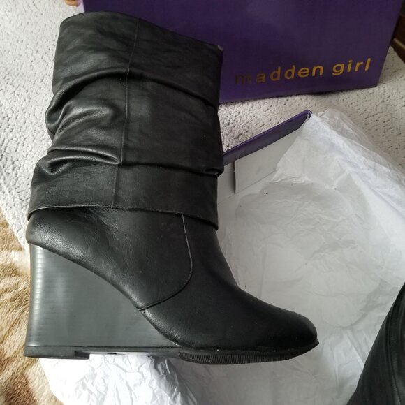 NWOT MADDEN GIRL BLACK WEDGE TALL BOOTS - Picture 6 of 8